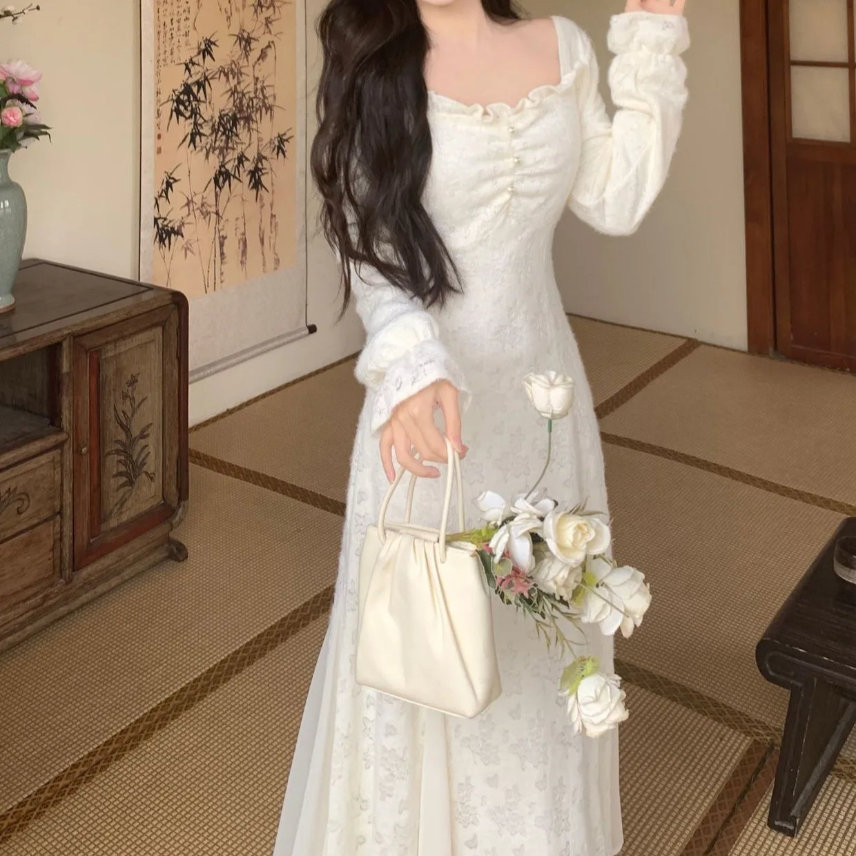 Sukienki Damskie Sukienka Meduza Jesień Satyna Z Ozdobami z Pereł Marszczona Bez Rękawów Dopasowana Syreni Krój Bankietowa Wieczorowa Elegancka Francuska Biurowa