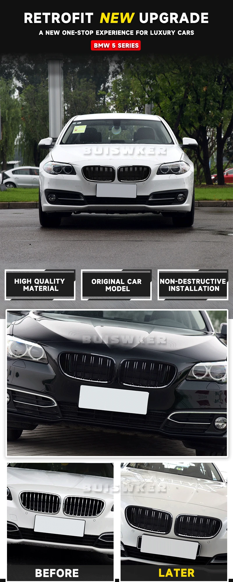 Auto glänzend schwarz Nierengrill Dual Slats Racing Grill für BMW 5er F10 F11 F18 520d 530d 540i 2010–2017 Ersatzteil – Detail 1