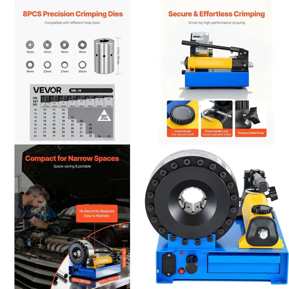 

Ручной гидравлический пресс для обжима шлангов с 8 насадками для шлангов диаметром 0,24-1,1 дюйма, идеально подходит для масла, газа, воды и систем кондиционирования автомобилей