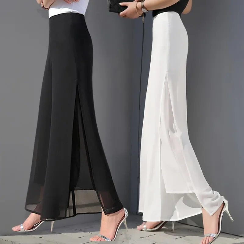 

2024 Chiffon Culottes High-Waisted Trousers L Skirt Gauze Loose Shuai Ku Straight Casual Pants Slit Wide Leg Pants Female A72