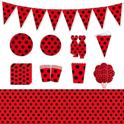 Ladybug Disposable tableware Plate red and balck Birthday Party Decor Baby Shower Cup Banner Flag Balloon candybox popcorn