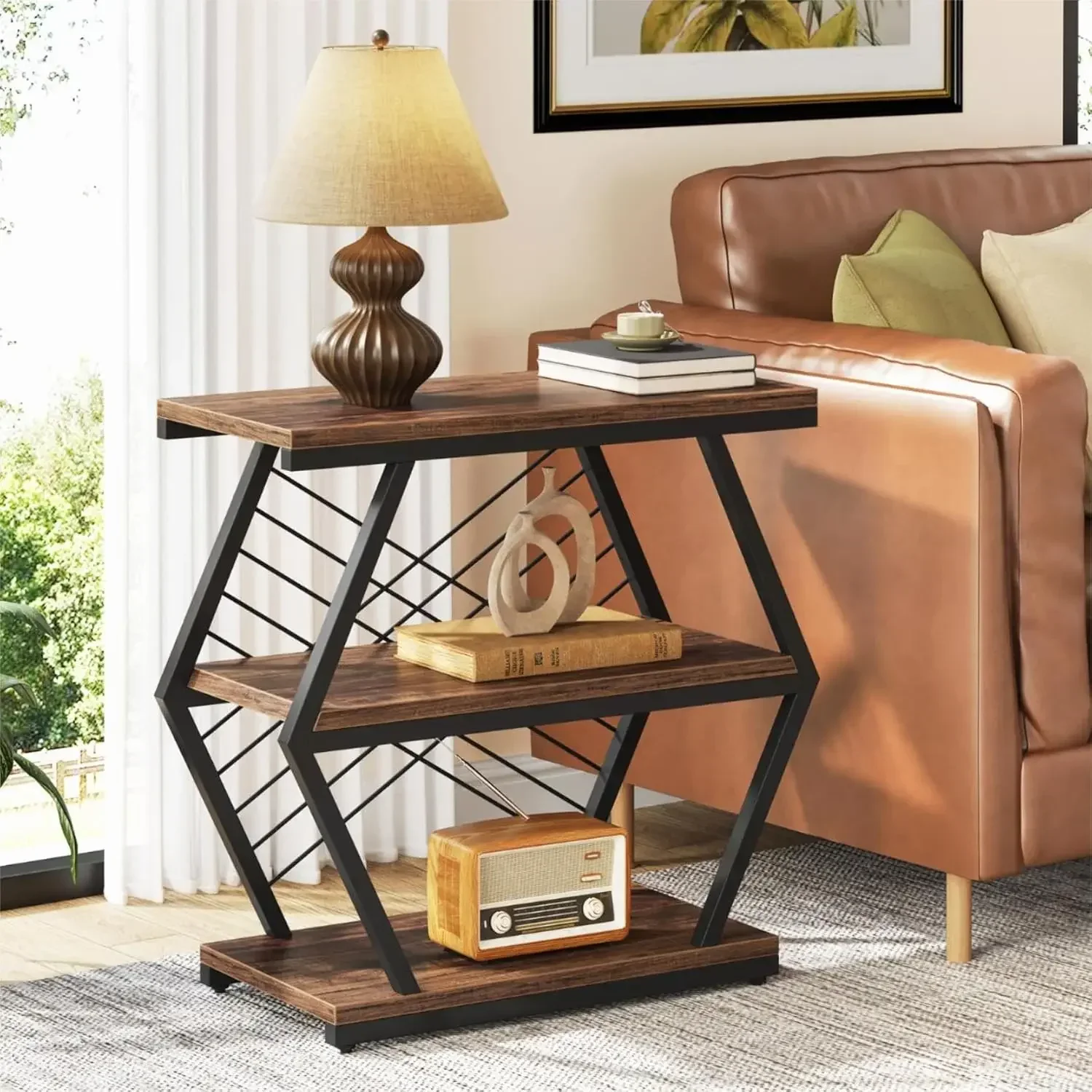 

Industrial Side Table with 3 Storage Shelves, Wood Sofa Side Table with Geometric Metal Frame, Bedside Table for Living Room