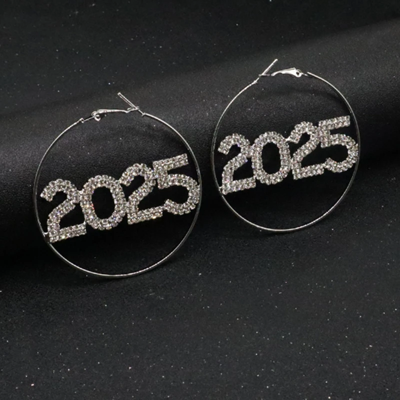 1pc 2025 Ring Earrings Fashion Full Rhinestone Digital Earrings Copper Material New Year Party