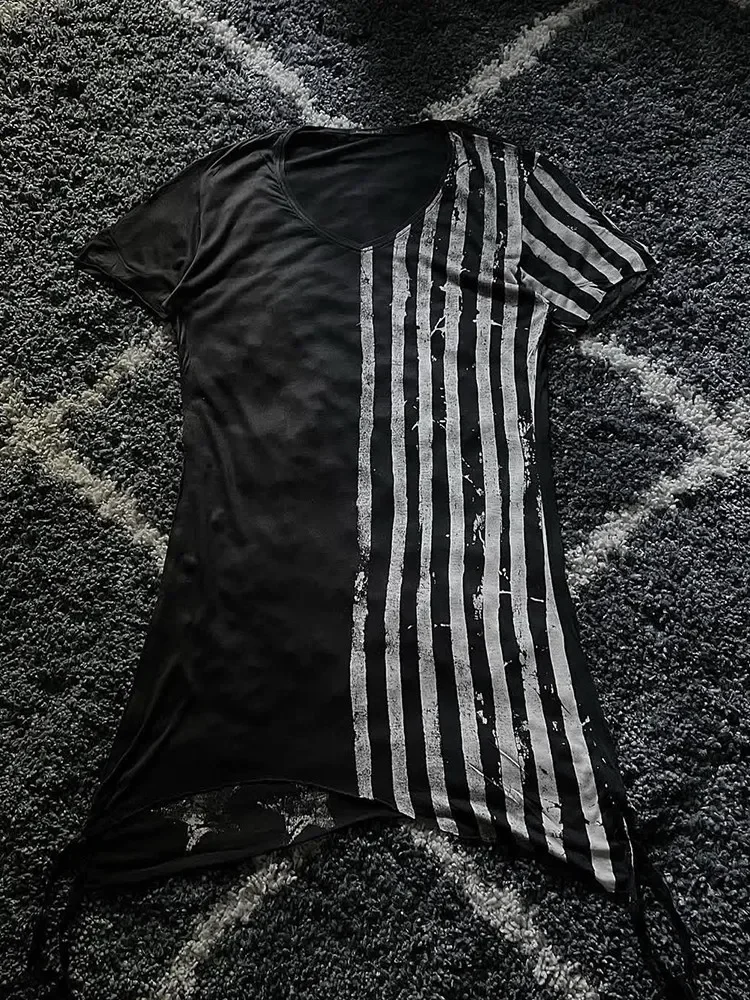 Kmrii Vision Front Stripe Back Pentagram Print Asymmetrical Design Short Sleeve T-Shirt