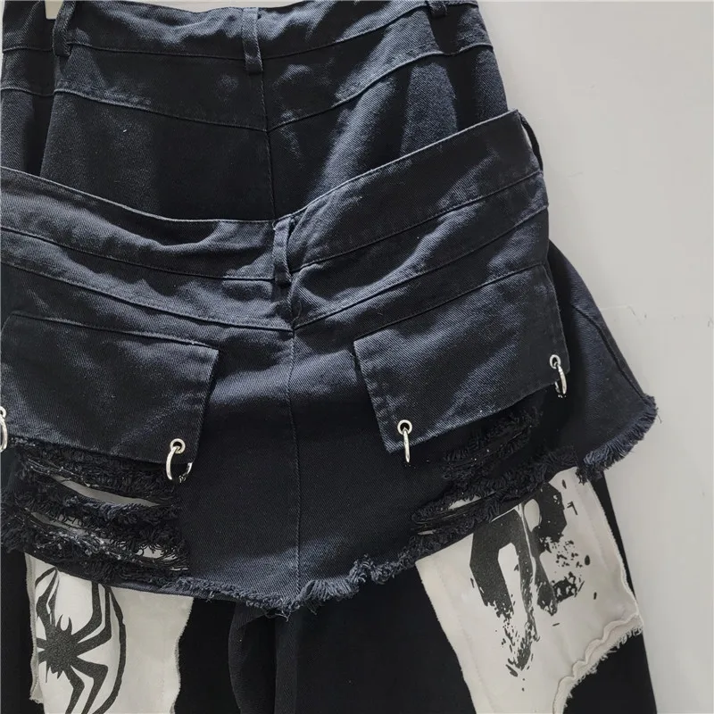Street Style Design Patchwork Fake Two-Piece Color-Block Denim Cropped Pants American High Street Loose Ripped Straight Pants