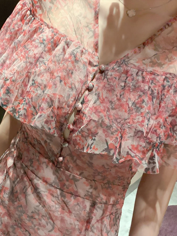 ภาษาฝรั่งเศสคําโรแมนติกวันหยุดชุดผู้หญิง Gentle Elegant Sheer ตาข่ายเดี่ยว Ruffles Fishtail Robe Beach Party วันที่ Vestidos
