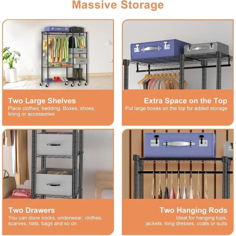 Heavy Duty Clothes Rack with Shelves, Garment Rack with Drawers, Clothing Racks with Wheels, Portable Clothing Storage Rack