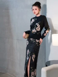 SEQINYY Elegant Black Suit Spring Autumn New Fashion Design Women Runway Sweater + Slim Weave Skirt Embroidery Flower Vintage