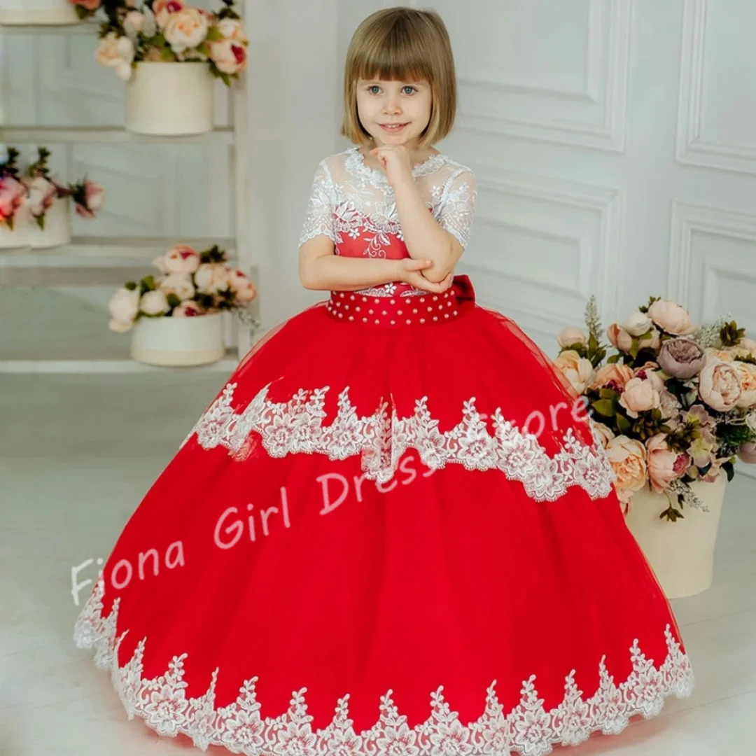 

Customized Red Flower Girl Dress For Wedding Lace Tulle Appliques Floor Length Classic Little Girl Birthday Gift Banquet Gown