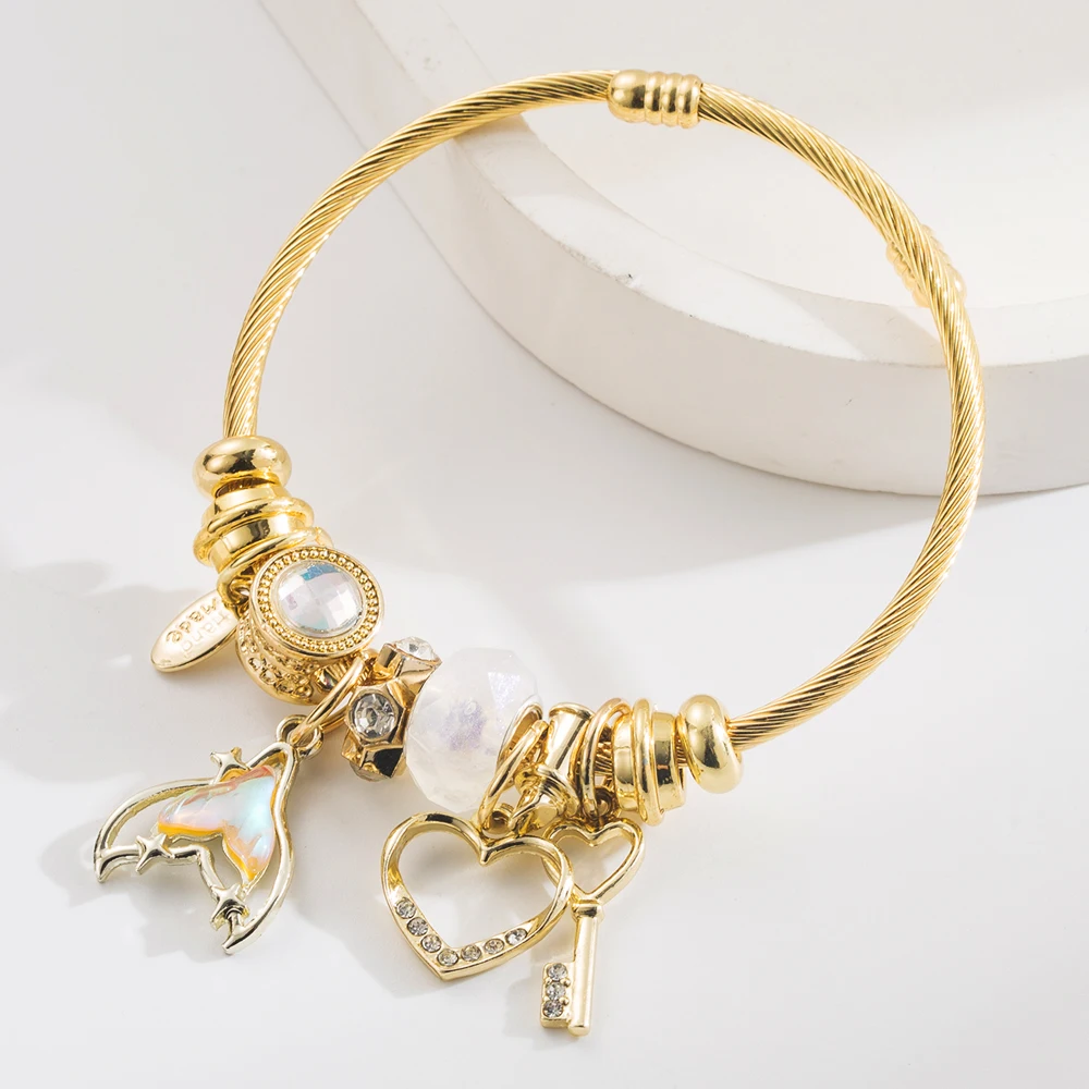 New DIY Pan Jia Duo La Bracelet with Diamond Fish Tail Heart Key Pendant Fairy Style Adjustable Couple Bracelet