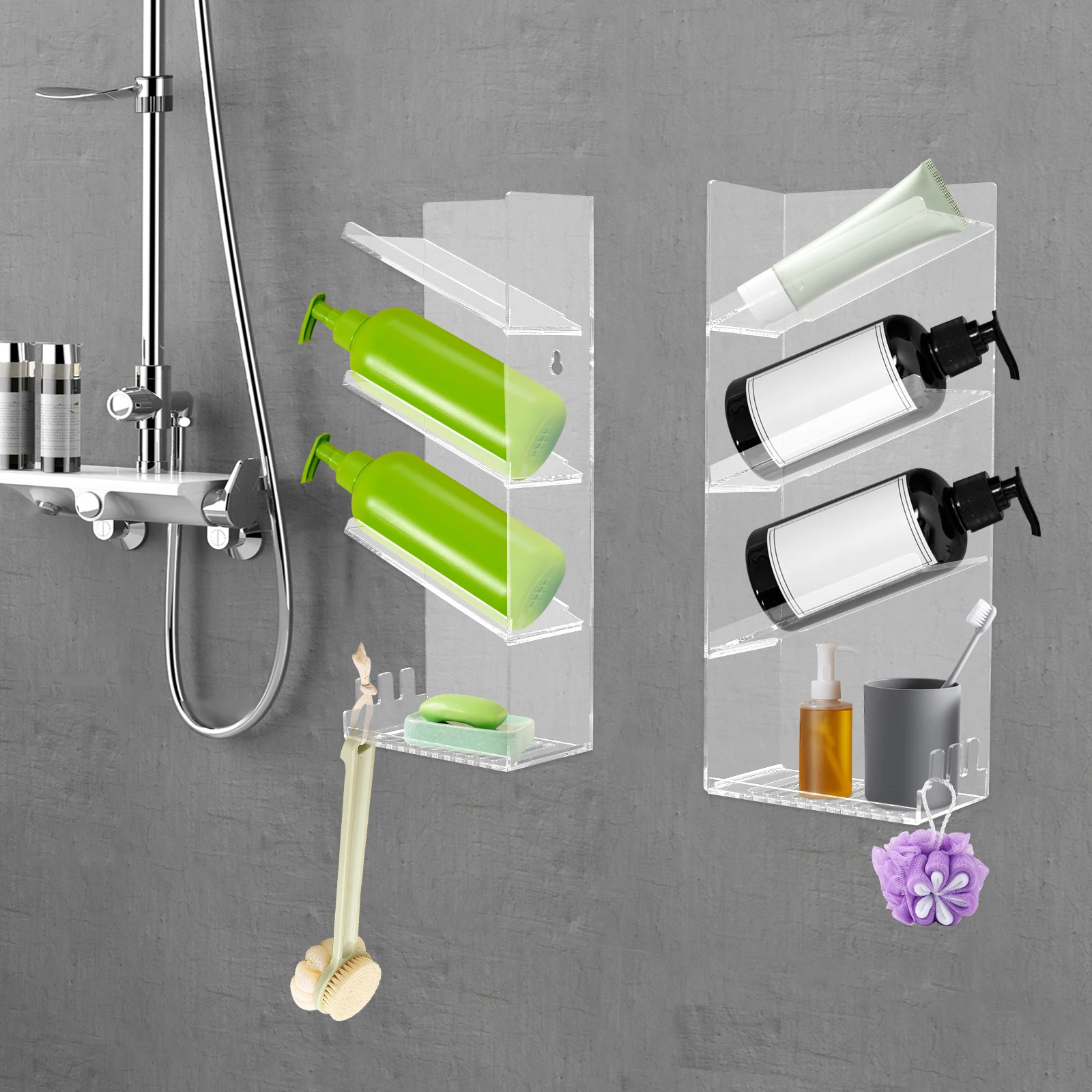 2PCS Wall-mounted Acrylic Shower Shelves Bathroom Open Frame Storage Shelf  14.5*8.4*35.8cm (single) Bathroom Organizer