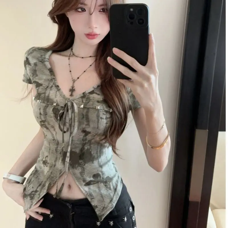 Summer Vintage Irregular Breathable Short Sleeve Tees New V-neck Slim Tie Dye Spice Girl Crop Tops Fashion Korean Women Clothing