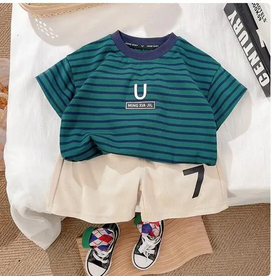 

Boys Short Sleeve T-Shirt Baby Summer Casual Striped short-sleeved shorts Clothes Children's Fashion Shorts Two-piece Set