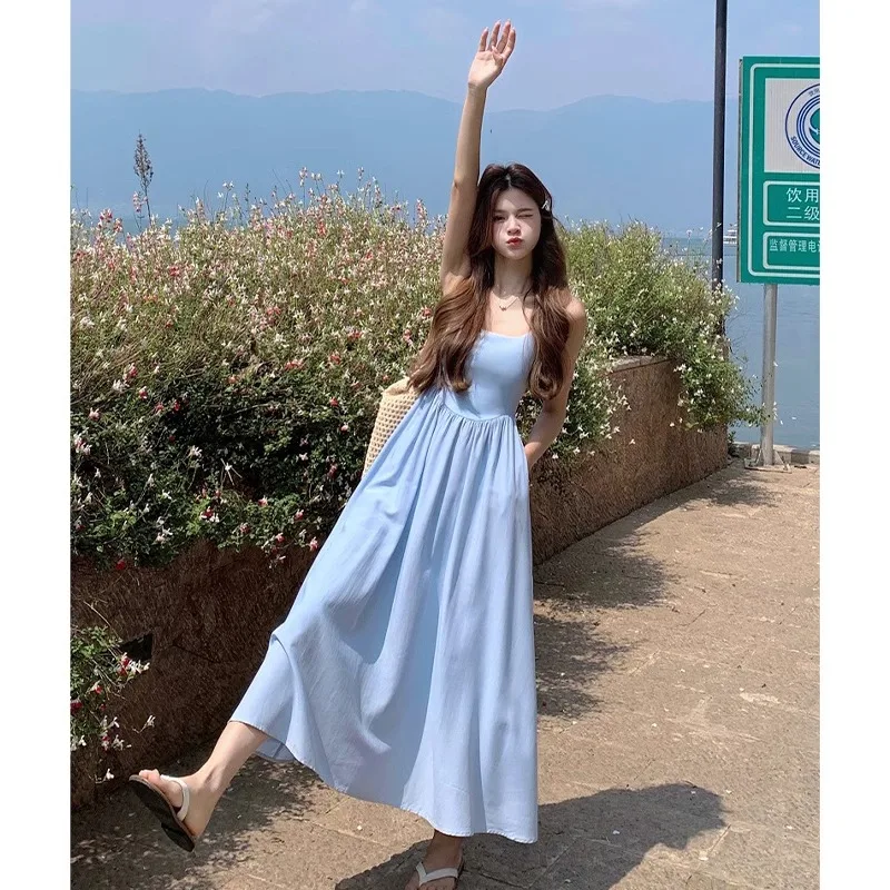 

Summer French Gentle Style Blue Sling Long Dress for Women's Seaside Holiday Pleated Beach Dress