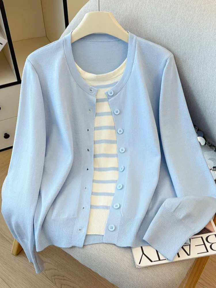 

Женский вязаный полосатый лоскутный искусственный двухсекционный свободный утягивающий топ в Корейском стиле для поездок на работу, длинный све, круглые детали на пуговицах