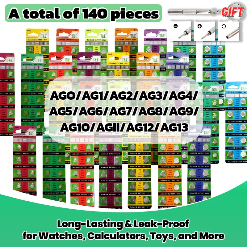 

140pcs AG0 AG1 AG2 AG3 AG4 AG5 AG6 AG7 AG8 AG9 AG10 AG11 AG12 AG13 1.5V Alkaline Button Cell Batteries Assorted Types