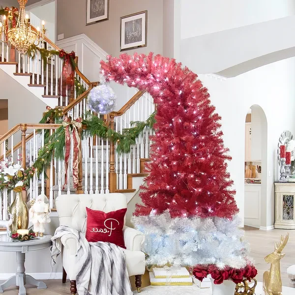 

6FT Hinged Fir Artificial Fir Bent Top Christmas Tree, Xmas Tree Bendable Santa Hat Style Christmas Tree Holiday Decoration,1250