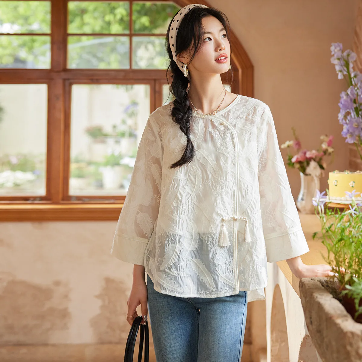 Весенне-летняя вышитая блузка в новом китайском стиле - ретро-топ с круглым вырезом, струящийся, мягкий и легкий