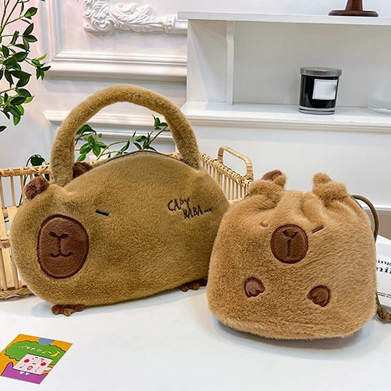 1PCS Polyester Plush Backpack Capybara Handheld Bucket Bag Handbag Capybara Soft Doll School Bag Birthday Christmas Kids Gifts