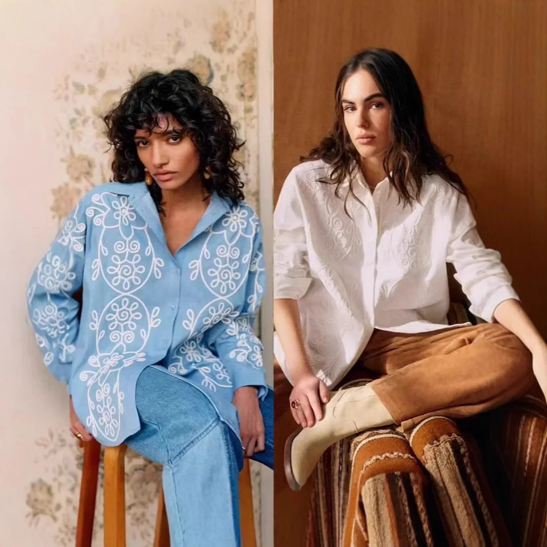 

Sezanes 2025 T-shirt summer new retro embroidery flowers loose casual versatile long-sleeved commuter shirt women