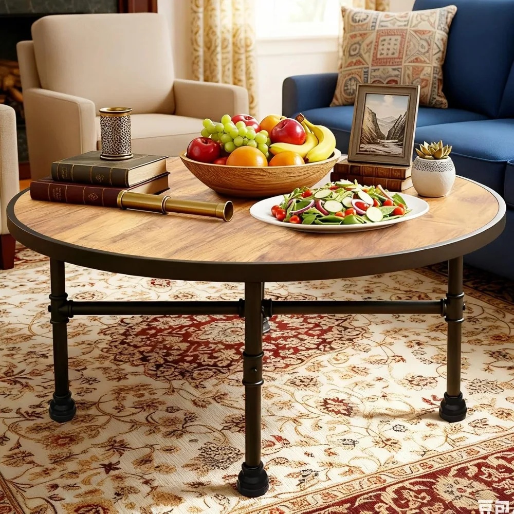 Round Coffee Table, Circle Wood Pottery Barn Coffee Table with Heavy Duty Metal Pipes Legs, Accent Cocktail Table Cen