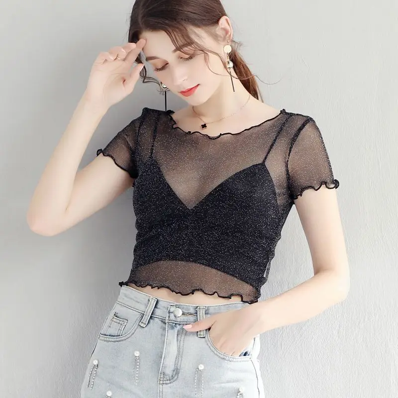 Perspective Sexy Mesh Crop Top For Women Summer Slim Shiny Short Sleeve O Neck Tops Female Party Nightclub Streetwear T Shirts