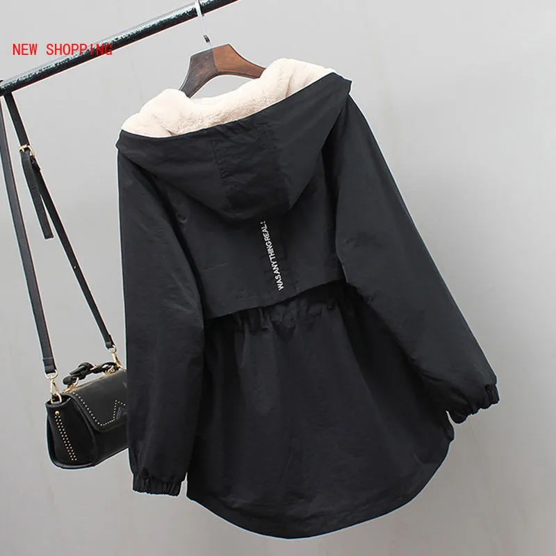 Winter Thick Velet Women Trench Coat New Hooded Collar Zipper Loose Female Trench Plus Size Print Adjustable Waist Wind Coat 3XL