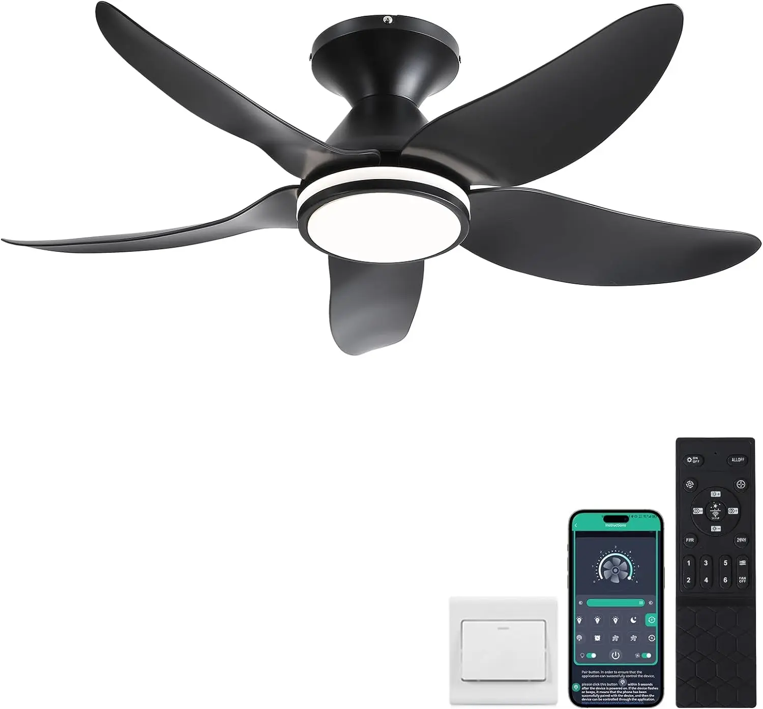 Ceiling Fans with Lights and Remote/APP Control, 38 inch Low Profile Flush Mount Ceiling Fans with 5 Reversible Blades 6 Speeds