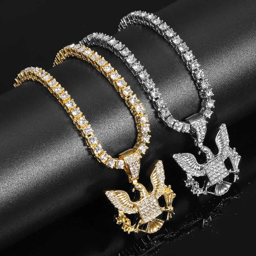 Full Rhinestone Eagle Pendant Necklace Match 4mm Rope Chain Shiny Ideal For Parties, And Daily Wear,As A Gift For Dating For Wom