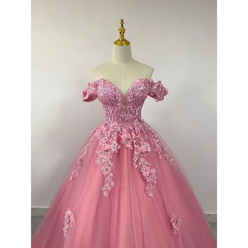 Dark Pink Vestido De Debutante Classic  Shoulder Floor-length Prom Dresses Lace Appliques Quinceanera Dresses Custom Customized