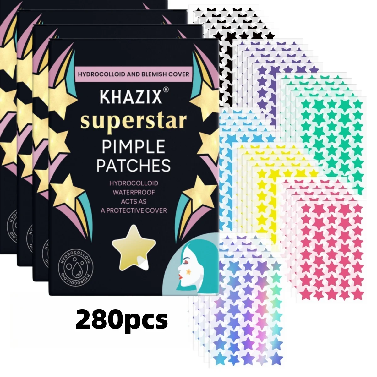 280pcs Facial Star Pimple Patches in Multiple Sizes, Colorful, Invisible, Breathable, Concealing Blemishes.
