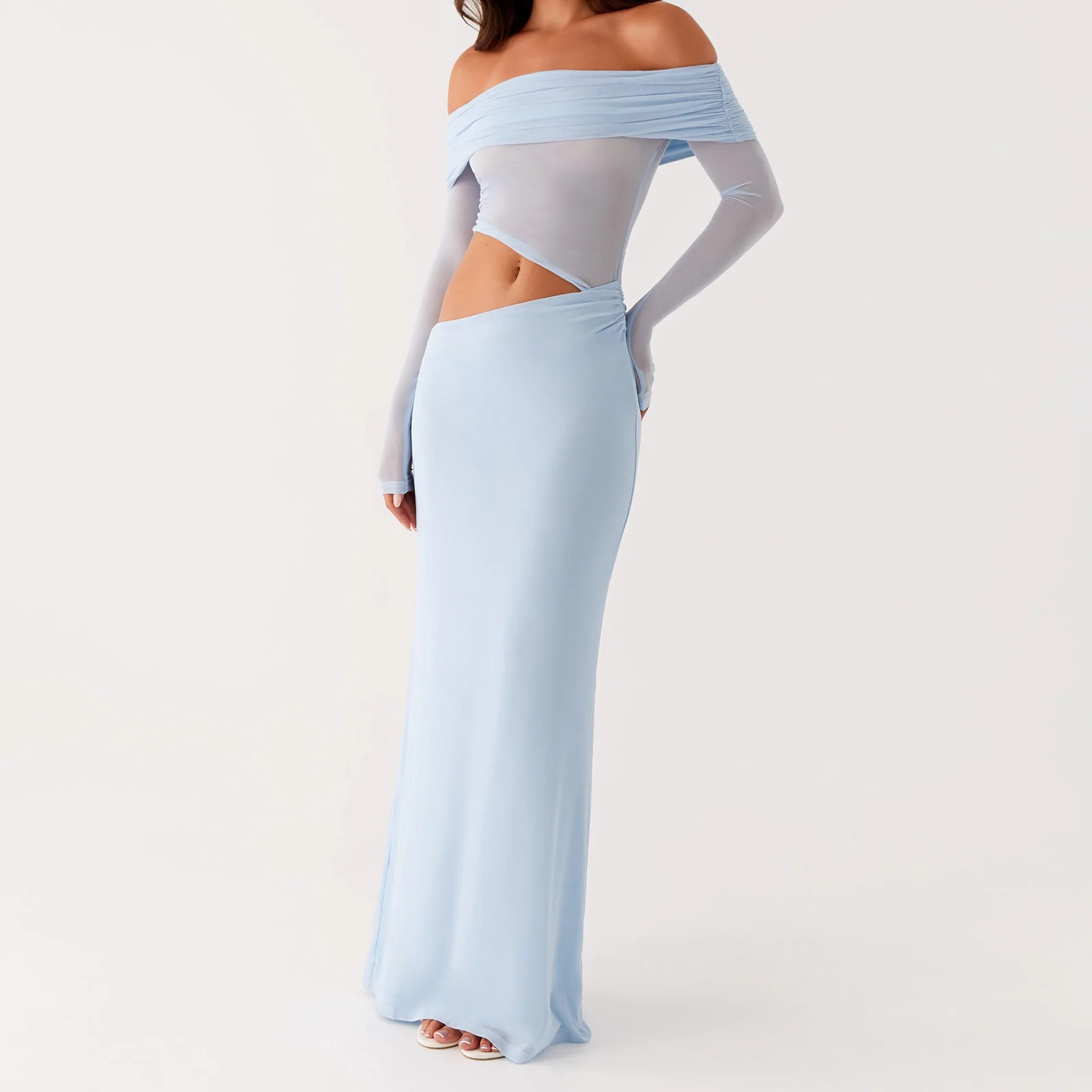 여성 섹시 오프숄더 우아한 롱 드레스 슬림 루슈 솔리드 컬러 컷아웃 긴팔 백리스 메쉬 바디콘 파티 클럽 드레스