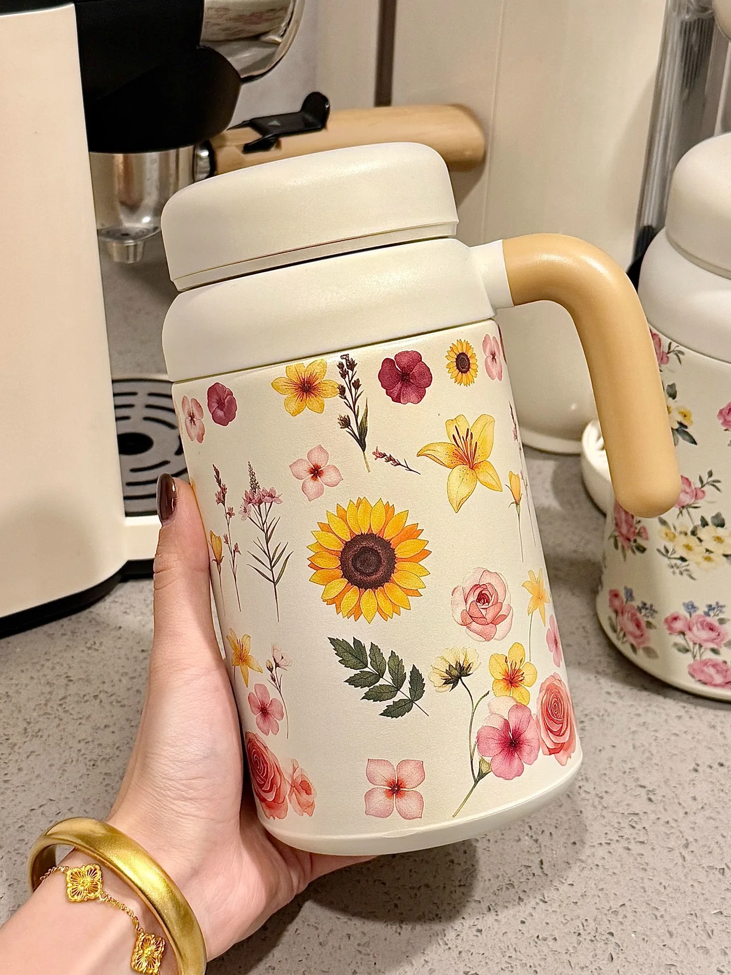 

Эстетичная термокружка из нержавеющей стали с ручкой для заваривания чая, женская винтажная чашка для воды с цветочным узором, 000 мл, чайная кружка