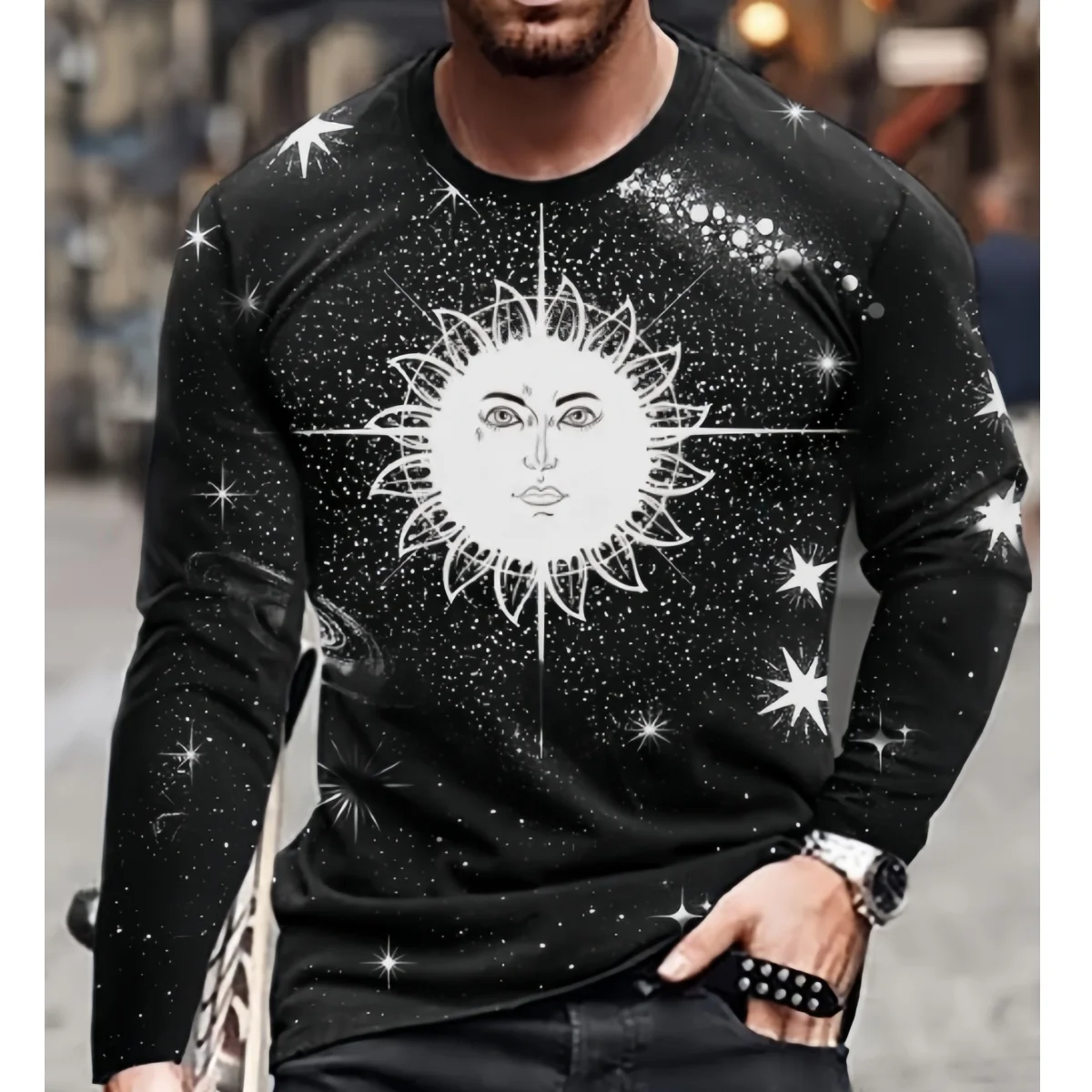 

Men's Sun And Moon Graphic 3D Print Long Sleeve T-shirt Star Pattern Top Autumn Loose Breathable Tees Street Hip Hop Man Clothes