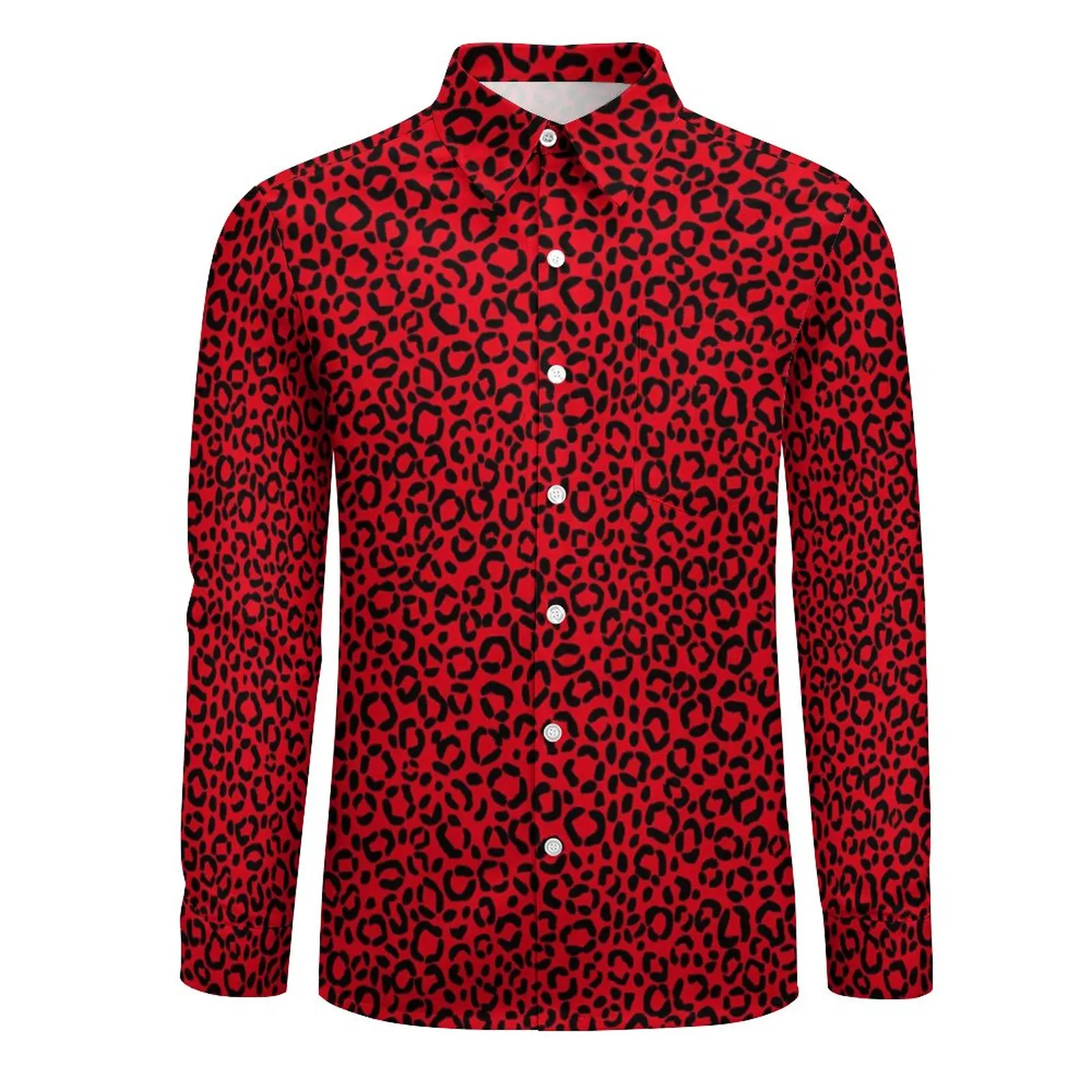 Leopard Spots Shirt Men Red and Black Casual Shirts Spring Y2K Custom Blouses Long Sleeve Vintage Oversize Clothing Gift Idea