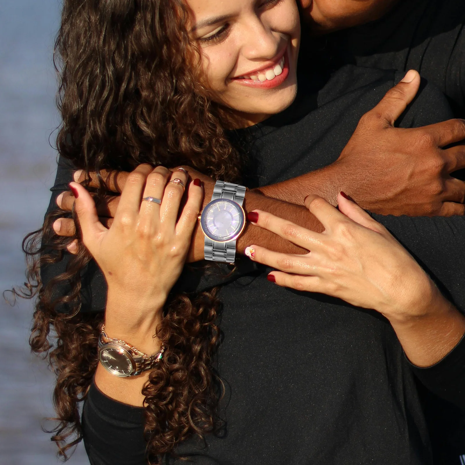 

4Pcs Stainless Steel Watch Band Strap Black 22Mm Curved End Solid Links Foldover Clasp Push Button Replacement with Spring Bars