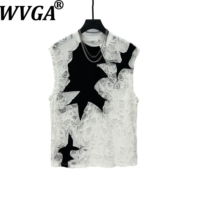 

WVGA весна лето новый мужской прилив High Street лоскутное потертое модное жилет без рукавов нишевые шикарные повседневные топы с круглым вырезом Ins W13870