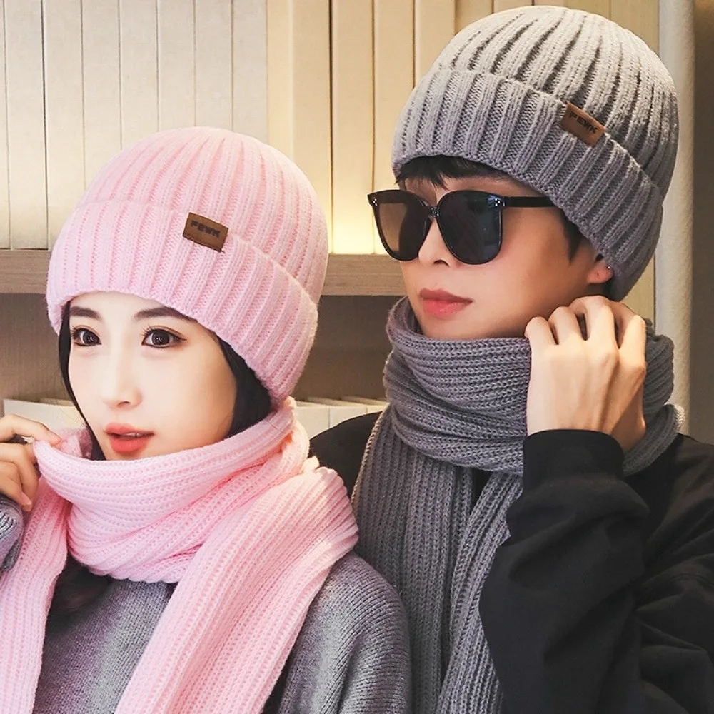 Conjunto de 2 uds. De gorro tejido a prueba de viento, bufanda de felpa suave para hombre, bufanda gruesa Simple y cálida para invierno y otoño