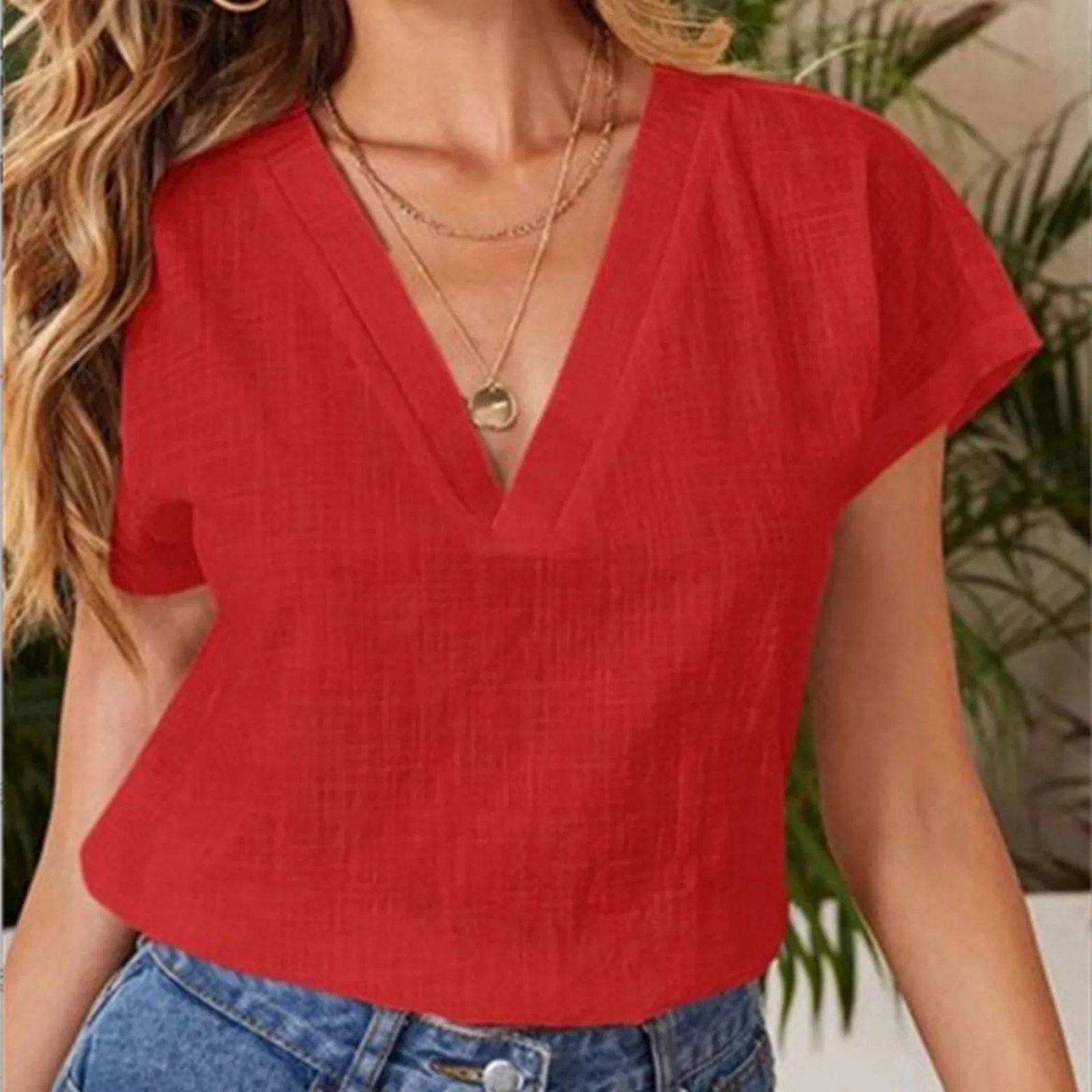 Summer Elegant Blouses For Women 2024 Women'S Summer Solid Color Linen Cotton Loose Half Sleeve Blusas Elegantes Para Mujer 2024