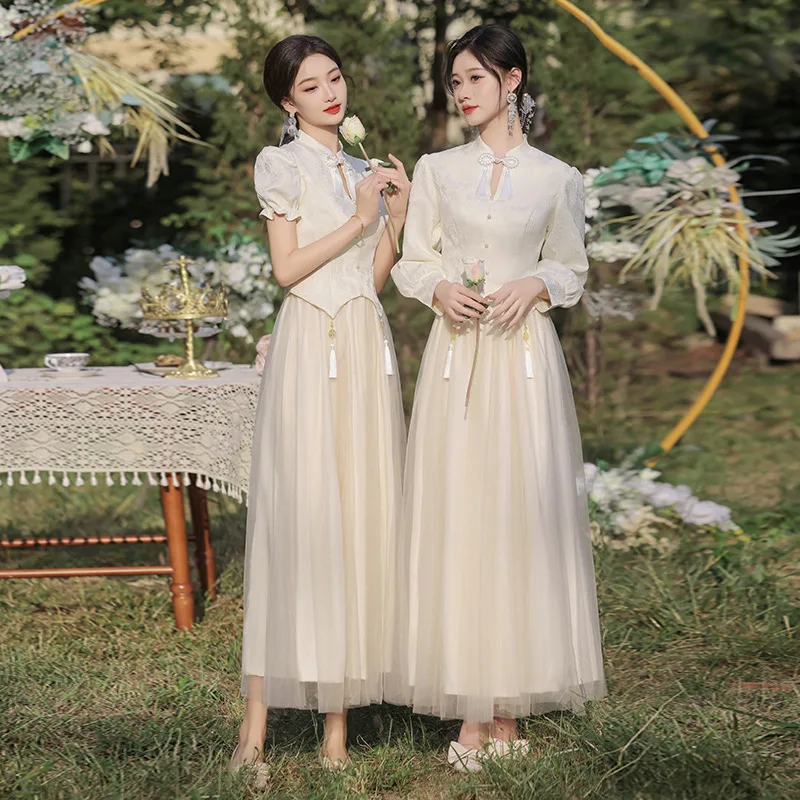 

Новое китайское вечернее платье для подружек невесты/сестер, весна 2025, с завышенной талией, приталенное, с длинными рукавами, для церемоний