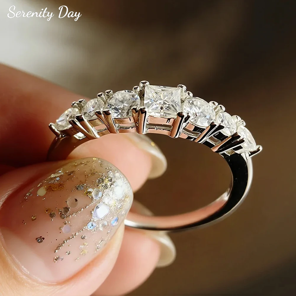 Serenity Princess Cut All Moissanite Rings Women Girl Gift S925 Sterling Silver Irregular Diamond Half Stackable Eternity Rings