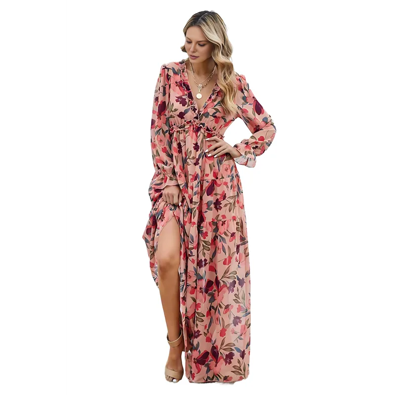 

ABRT-Women's Boho Maxi Dress V Neck Puff Long Sleeve Ruffle A-Line Split Swing Chiffon Dresses