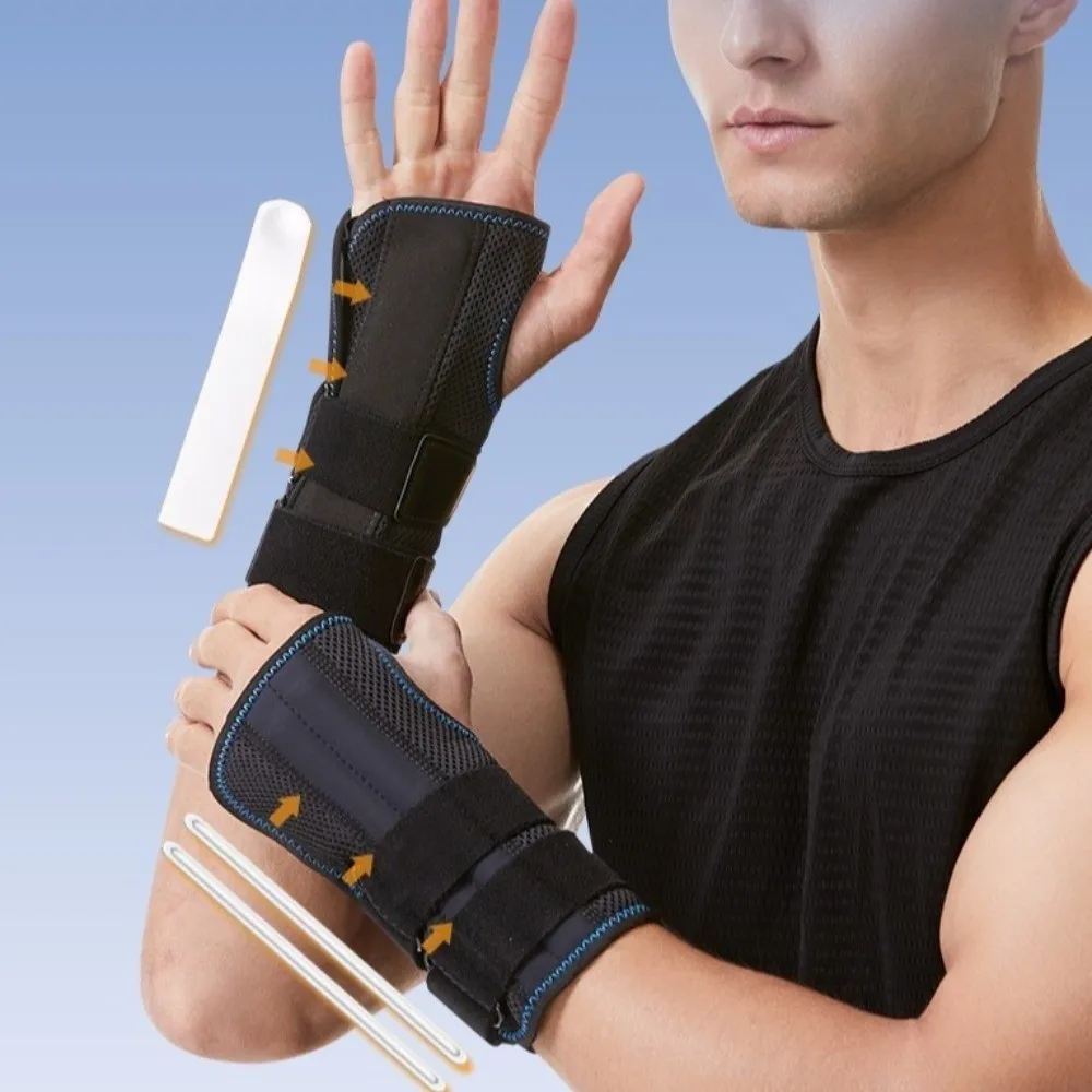 Metal Splint Wrist Brace 3 Stays Pressure Winding Hand Brace Breathable Compression Strap Adjustable Splint Night Support