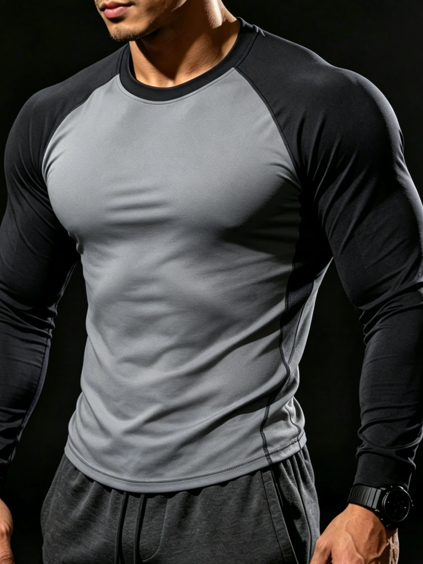 High-conversion Extended Title: Solid Color Contrast Raglan Long Sleeve Men T-shirt Light Quick-dry Knit Fabric Daily Outdoor
