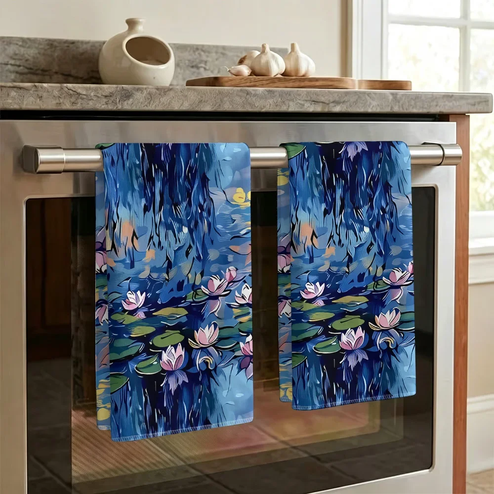 1pc/2pcs Impressionist Water Lily Print Kitchen Towel-Super absorbent, reusable polyester dishcloths perfect for home decor, coo
