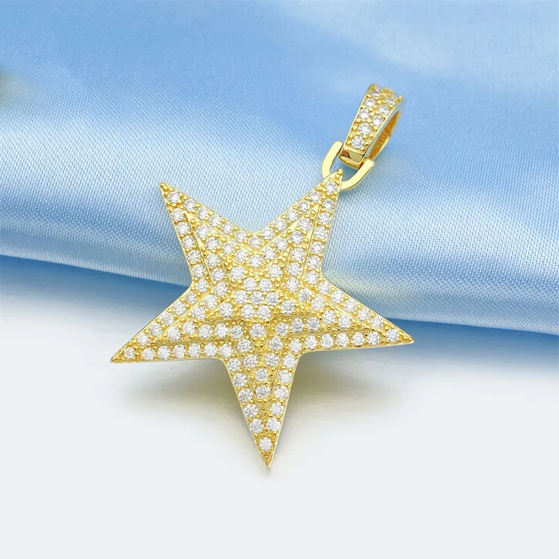 New S925 Sterling Silver Inset Moissanite shiny Pentagon Star necklace INS Hipster cool hip Hop Pendant