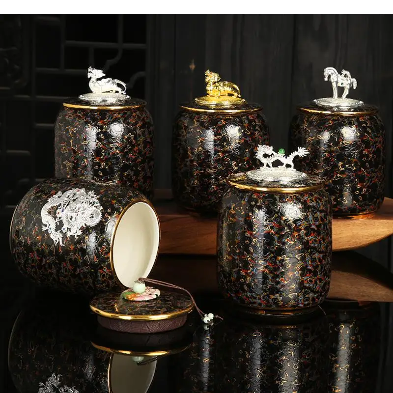 

Chinese Style Light Luxury Ceramic Storage Jar Household 1000ml Large Capacity Sealed Living Room Tea Table Box