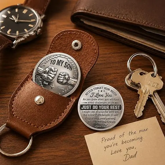 Personalisierte Taschenmünze für meinen Sohn von Papa, individueller Schlüsselanhänger mit Ledertasche, Vater-zu-Sohn-Erinnerungsgeschenk, Abschlussgeschenk – Detail 2