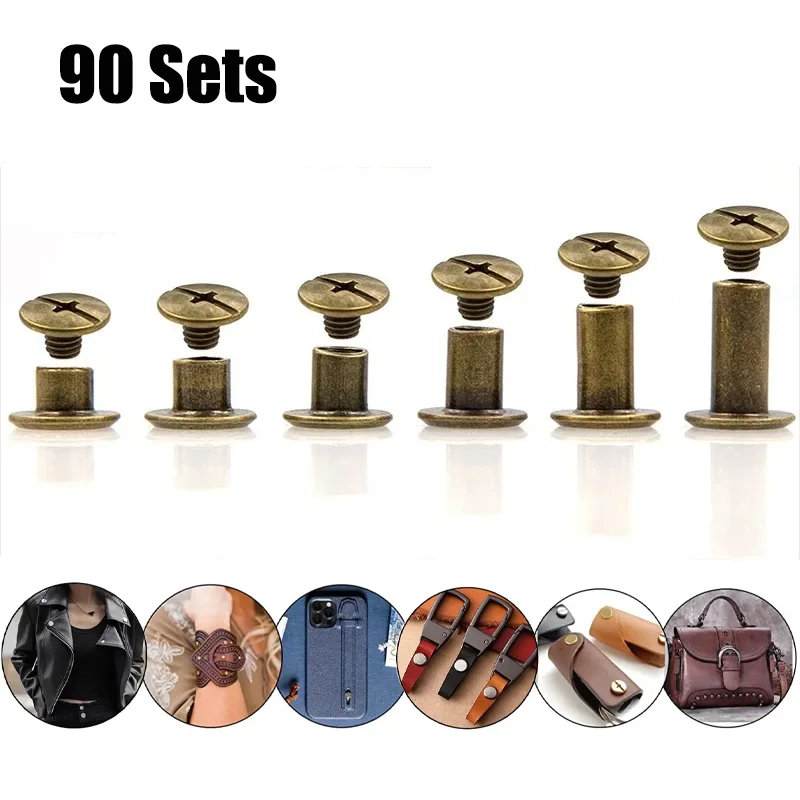 90Sets/180Pcs Bronze Chicago Screws Leather Assorted Kit Screw Rivets for Leather Rivet for DIY Leather Craft and Bookbinding