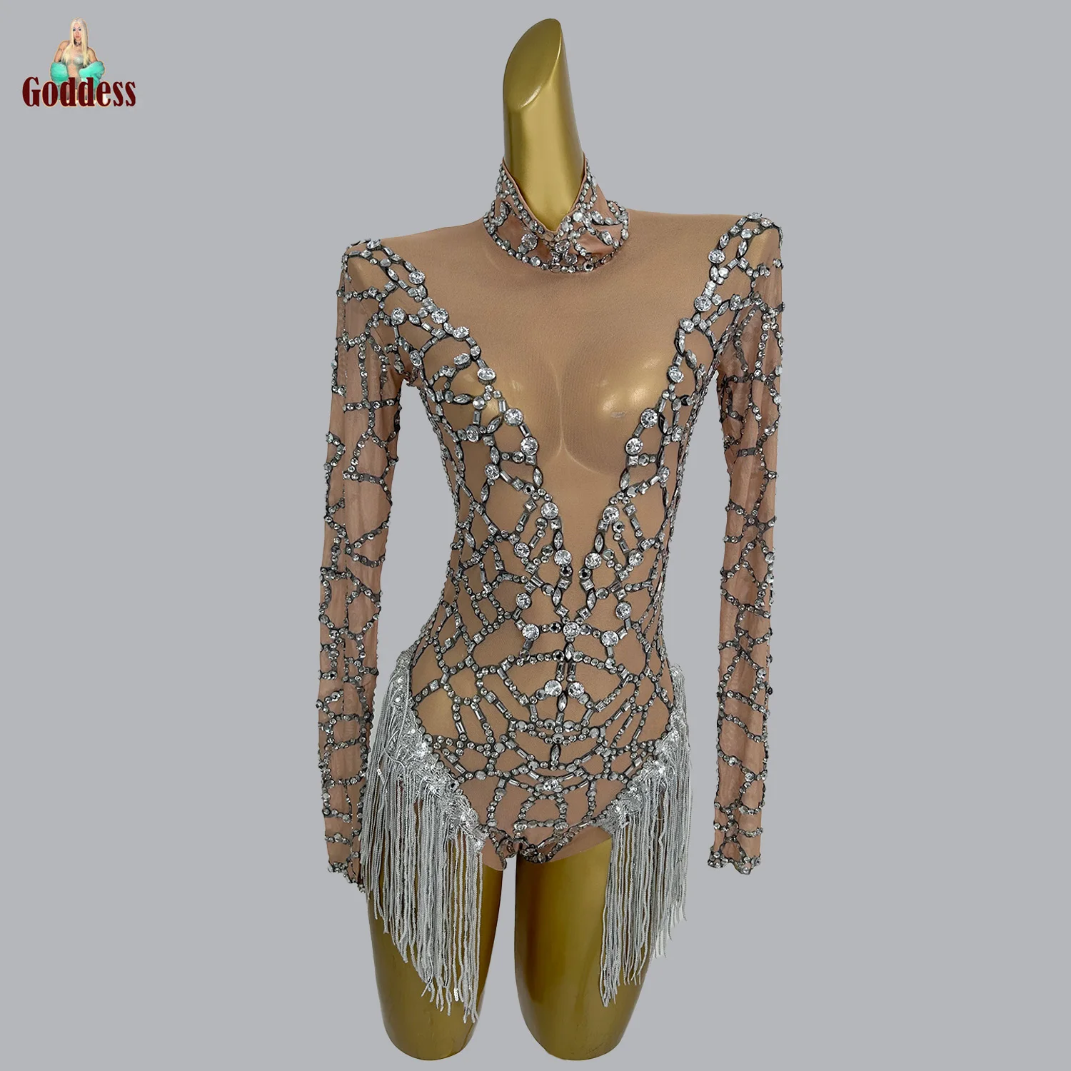 

Sexy Tassel Rhinestones Mesh Bodysuit for Women Skinny Leotard Nightclub Stage gig Performance Costume Rave Festival Bodysuit